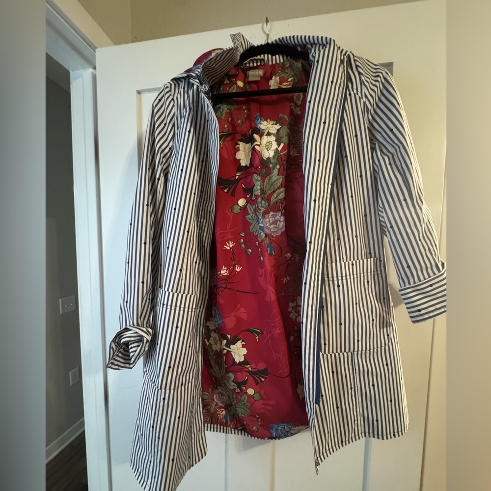 Chico's Navy and White Striped Trench Coat with Floral Lining